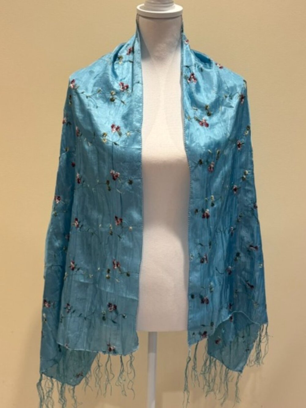 Beautiful Silk & Polyester Blue Embroidered Scarf